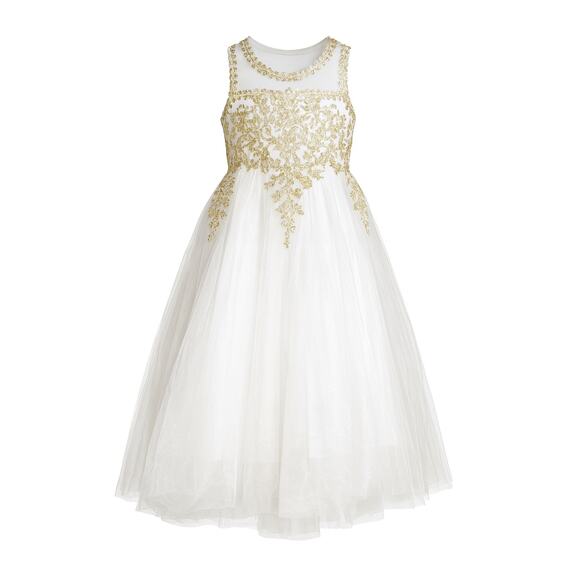 GIRLS FORMAL GOWN WITH HOOP SKIRT WHITE WITH GOLD EMBROIDARY SIZE 2-3Y - Picture 1 of 8